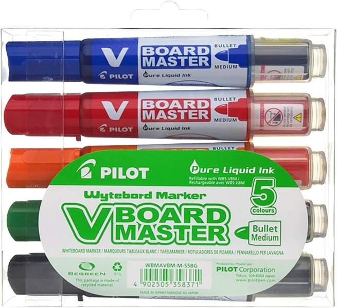 Pilot V-Board Master Begreen Lot de 5 marqueurs pour tableau blanc – Pointe ronde 6 mm – Course 2,3 mm – 91 % plastique recyclé – Rechargeable – Couleurs assorties