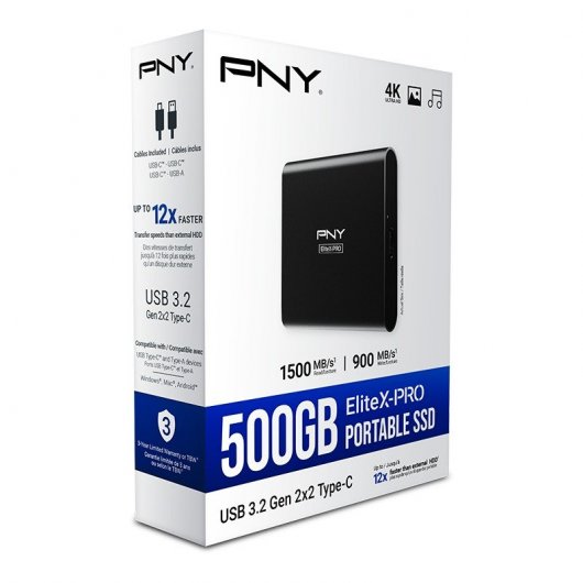 PNY EliteX-PRO CS2260 Disque dur solide SSD portable 500 Go USB-C 3.2 Gen 2x2