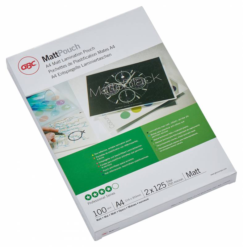 Portefeuilles de plastification mate GBC - A4, 2x125 microns - Imperméable - Finition mate - Taille 216x303mm - Surface inscriptible - Longue durée - Adaptabilité au papier - Couleur transparente