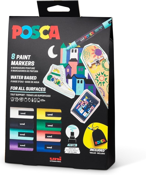 Posca Edition Limitée Pack de 8 Marqueurs Peinture PC5M + Sac Cadeau en Tissu - Pointe Arrondie 1,8-2,5 mm - Encre à Base d'Eau - Couleurs Assorties