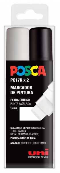 Posca PC-17K Étui de 2 marqueurs peinture - Pointe biseautée en polyester 15 mm - Trait très épais - Encre à base d'eau - Résistant à la lumière - Non permanent - Couleurs assorties