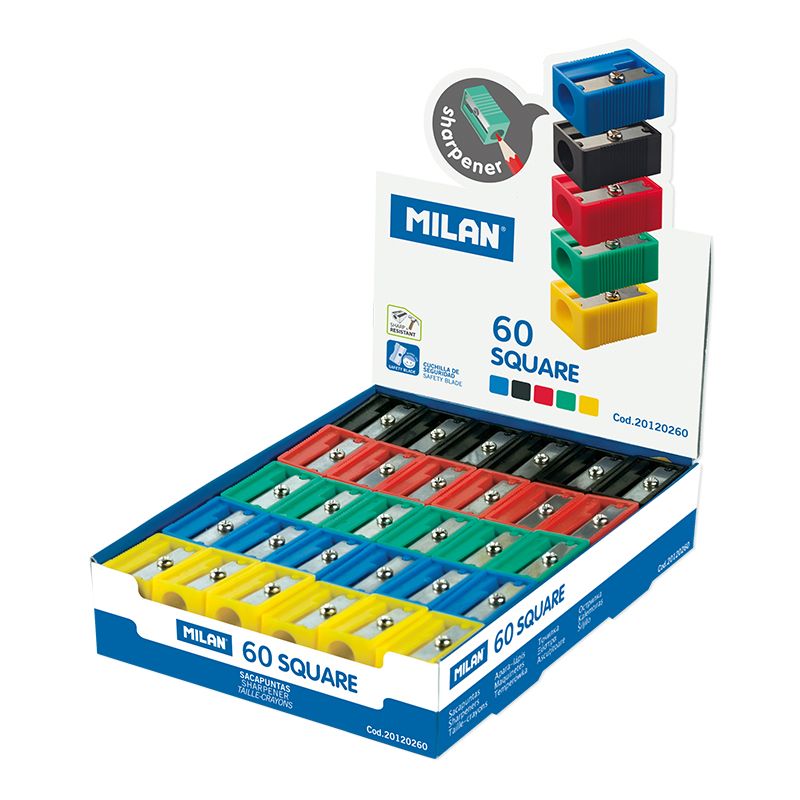 Présentoir carré Milan de 60 taille-crayons - Lame en acier - Coloris jaune, bleu, vert, rouge et noir