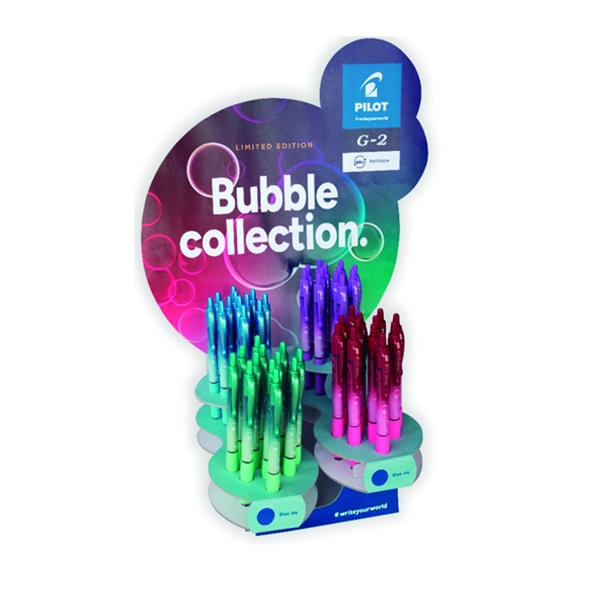 Présentoir de 48 stylos gel rétractables Pilot G2 Bubble Collection - Pointe à bille de 0,7 mm - Ligne de 0,32 mm - Poignée ergonomique - Rechargeable - Corps de couleurs assorties - Couleur d'encre bleue