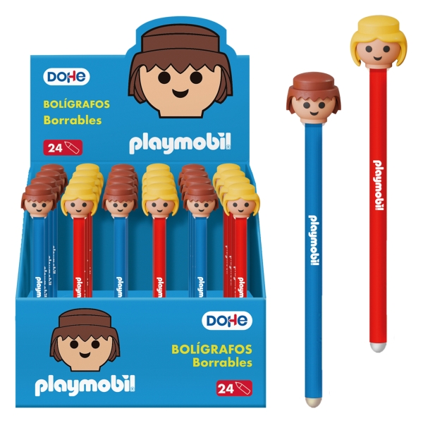 Présentoir Dohe Playmobil de 24 stylos effaçables - Stylo bille en métal 1 mm - Course 0,5 mm - Capuchon décoré d'une tête Playmobil - Encre bleue