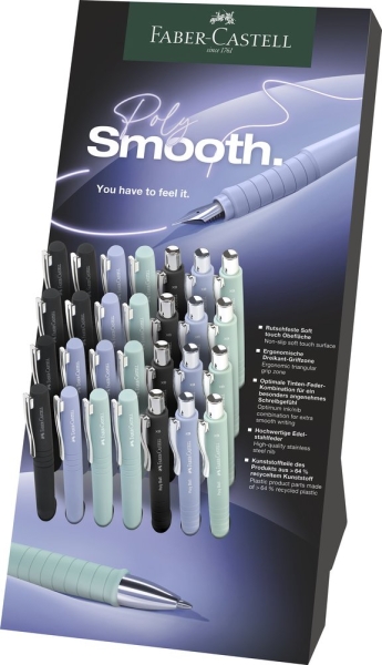 Présentoir Faber-Castell Poly avec 12 stylos à bille Poly et 16 stylos-plume Poly Pen - Clip en métal - Couleurs assorties