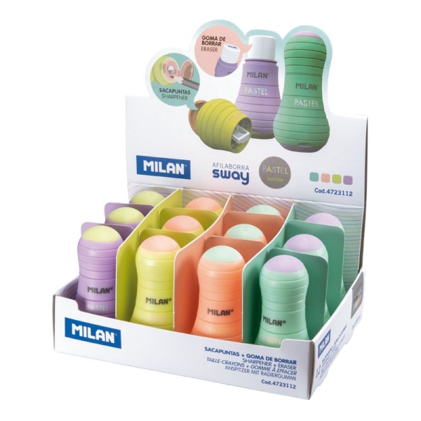 Présentoir Milan Sway Pastel de 12 taille-crayons avec gomme - Taille-crayon avec récipient et lame de sécurité - Couleurs assorties
