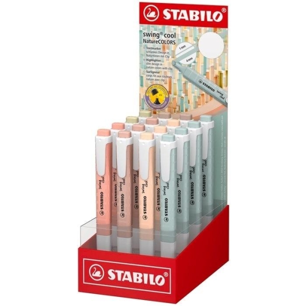 Présentoir Stabilo Swing Cool Naturecolors avec 16 marqueurs fluorescents - Corps plat - Pointe biseautée - Trait entre 1 et 4 mm - Encre à base d'eau - Anti-dessèchement - Couleurs assorties