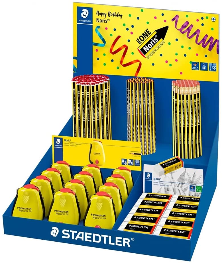 Présentoir Staedtler Noris crayons + taille-crayon + gommes