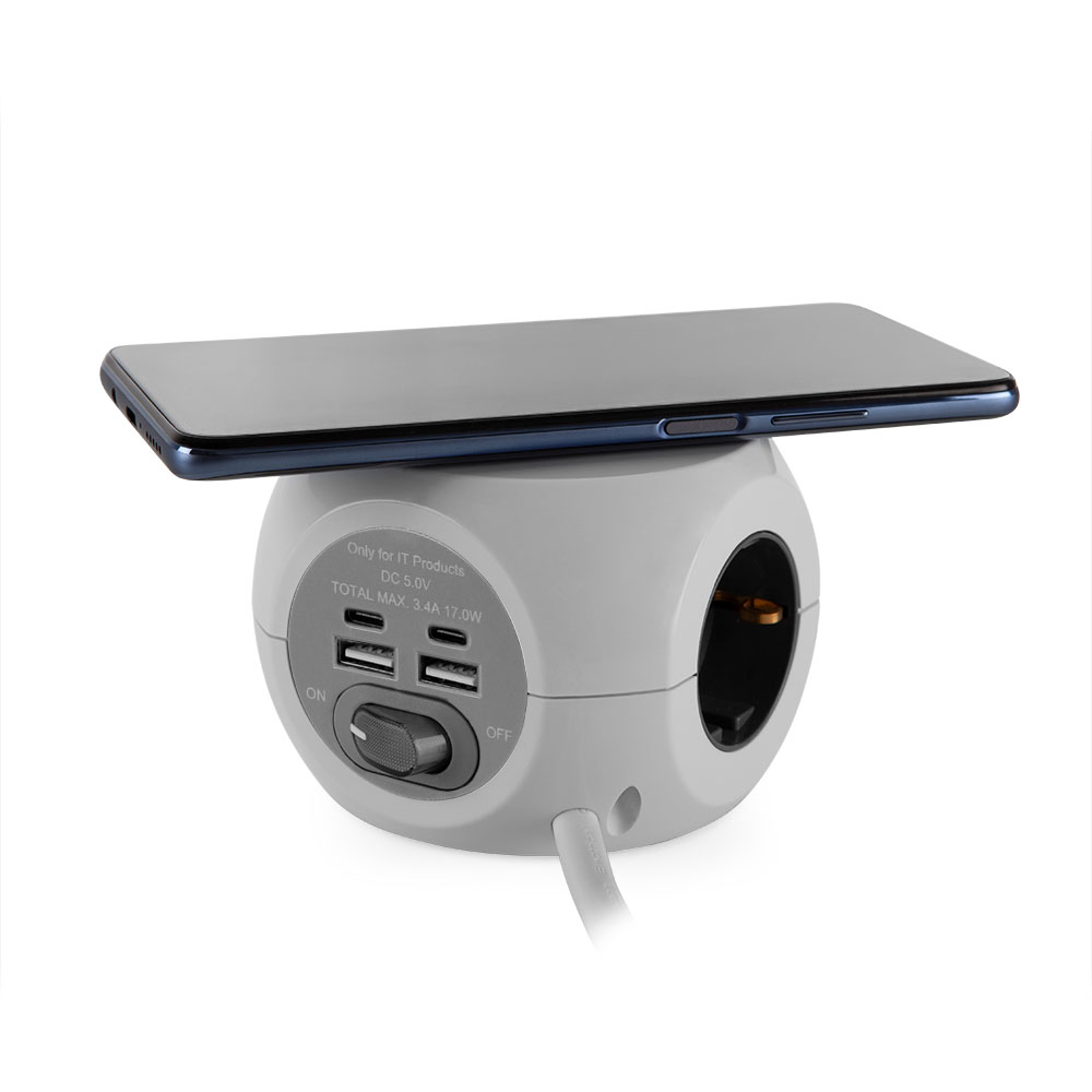 Prise Orbegozo EN 4500 8 en 1 Chargement Rapide sans Fil - 3 Prises de Terre VDE - 2 USB - 2 USB-C - Câble 1,5M - Interrupteur On/Off Idéal pour Voyage
