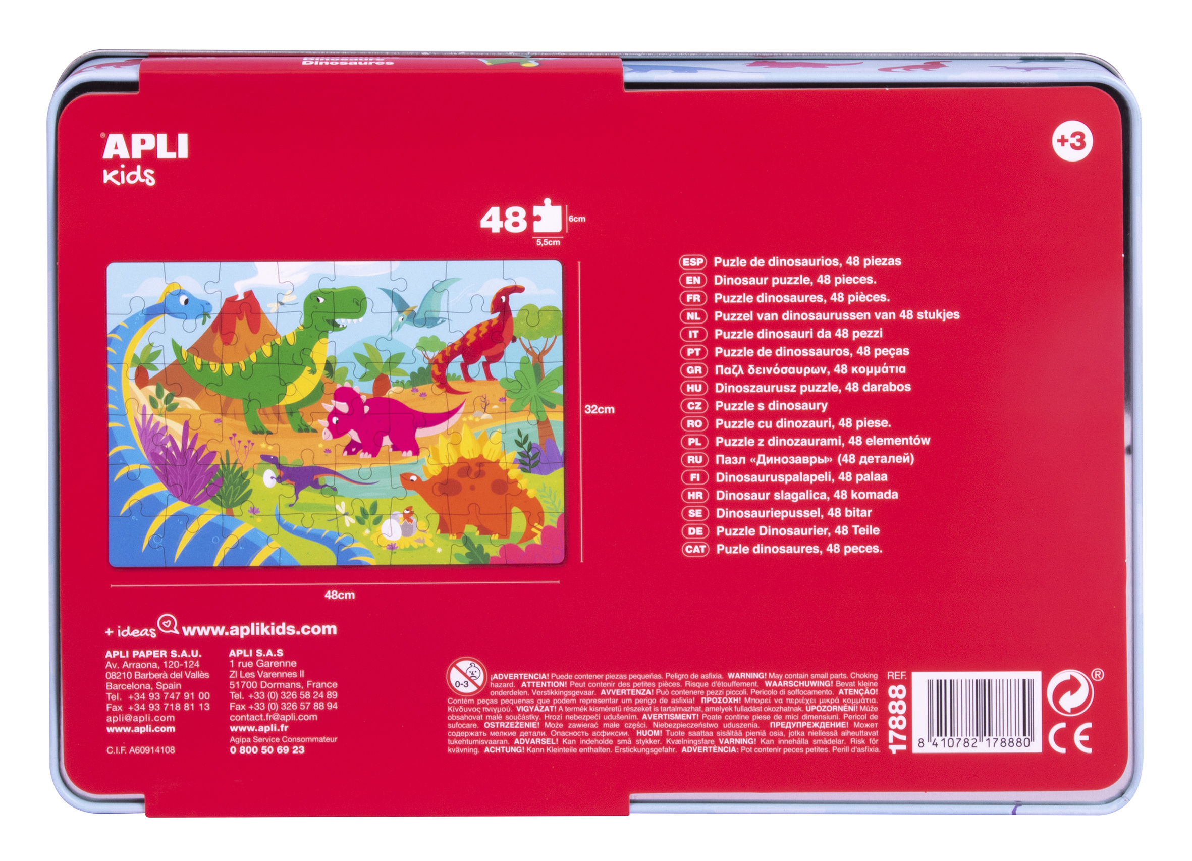Puzzle Dinosaure Apli Kids - 48 Pièces de 5,5x6cm - Boîte Rectangulaire en Métal - Design Exclusif pour Enfants, Coloré, Clair et Simple - Pièces Résistantes et Sûres - Épaisseur 2mm avec Finition Brillante et Indiana au Dos