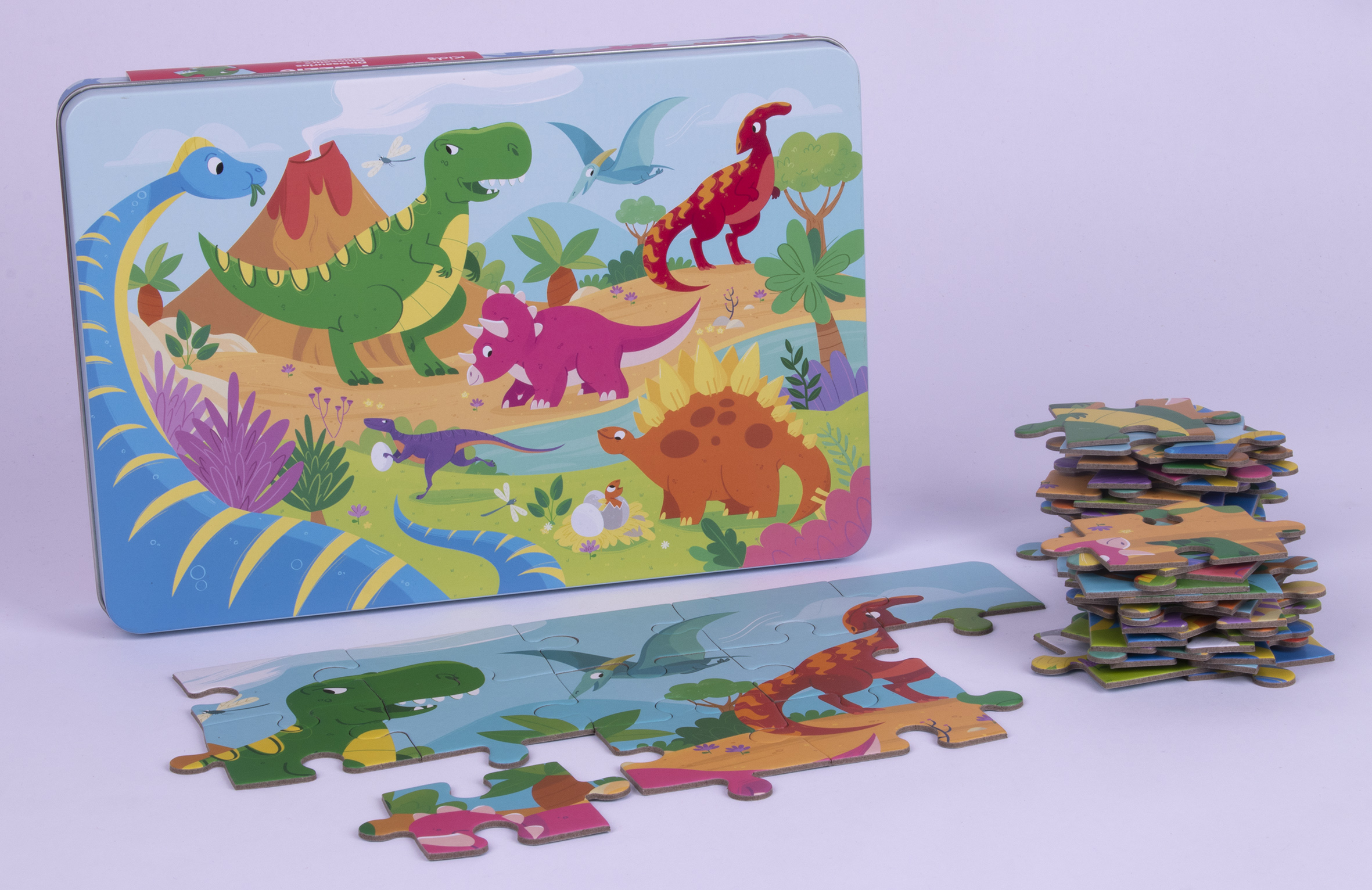Puzzle Dinosaure Apli Kids - 48 Pièces de 5,5x6cm - Boîte Rectangulaire en Métal - Design Exclusif pour Enfants, Coloré, Clair et Simple - Pièces Résistantes et Sûres - Épaisseur 2mm avec Finition Brillante et Indiana au Dos