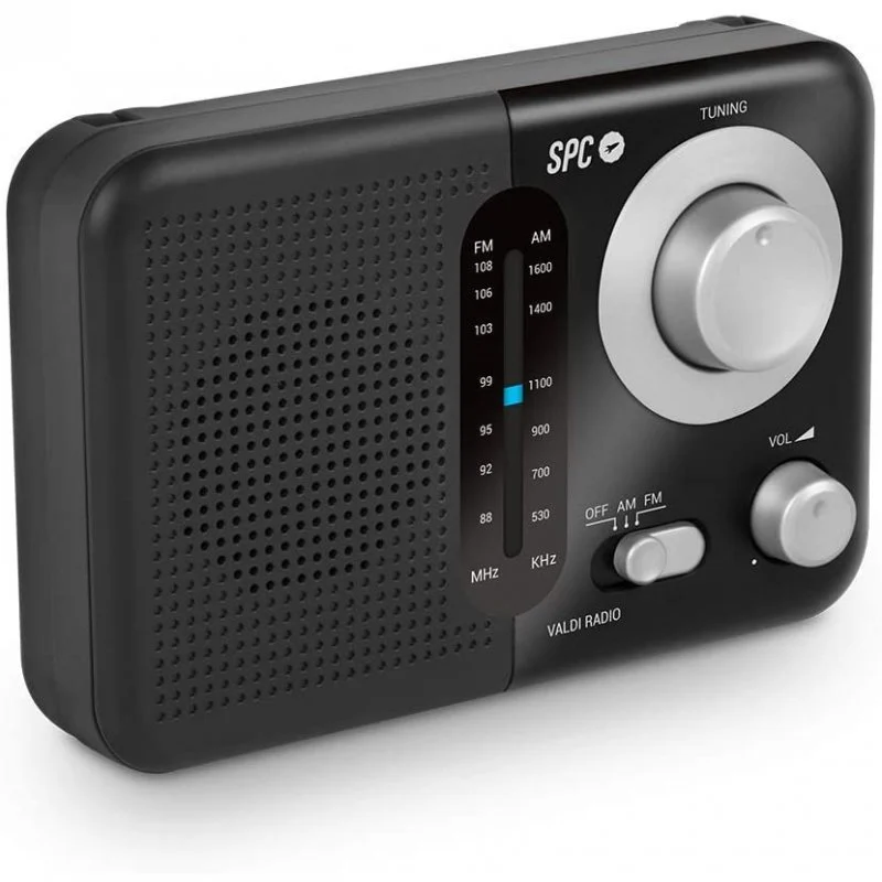 Radio analogique portable SPC Valdi FM/AM 0,8 W – Poignée de transport – Entrée jack 3,5 mm – Antenne télescopique – Alimentation secteur et piles – Couleur noire