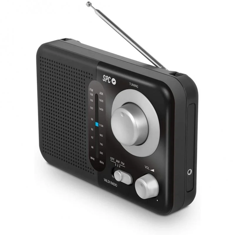 Radio analogique portable SPC Valdi FM/AM 0,8 W – Poignée de transport – Entrée jack 3,5 mm – Antenne télescopique – Alimentation secteur et piles – Couleur noire