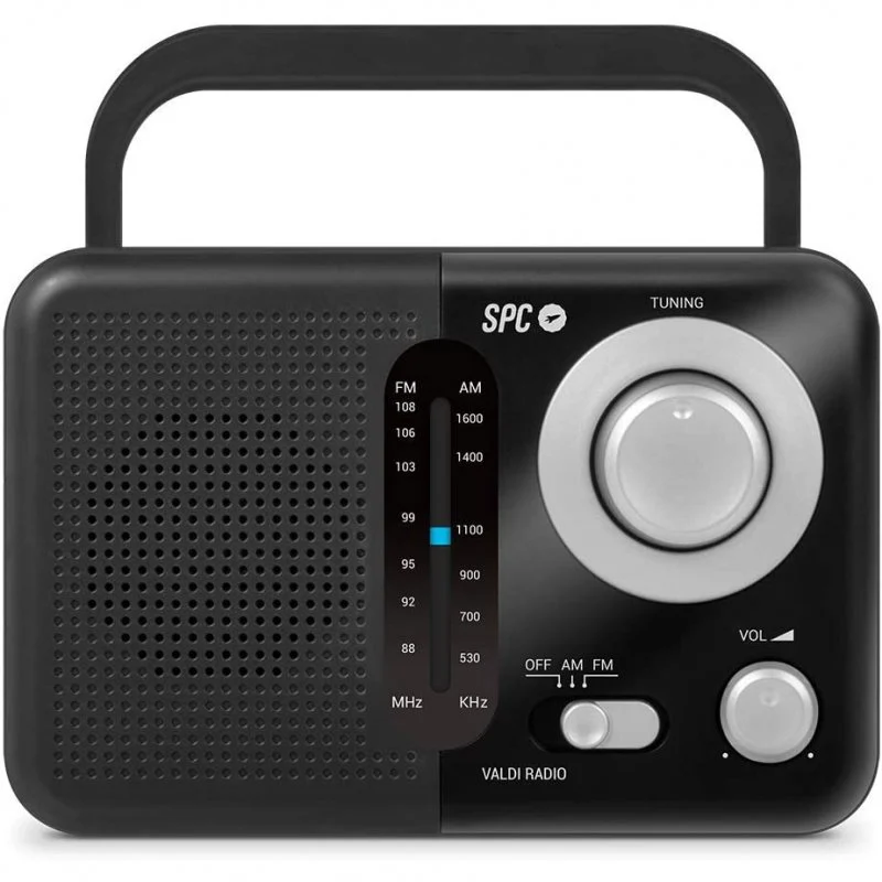Radio analogique portable SPC Valdi FM/AM 0,8 W – Poignée de transport – Entrée jack 3,5 mm – Antenne télescopique – Alimentation secteur et piles – Couleur noire