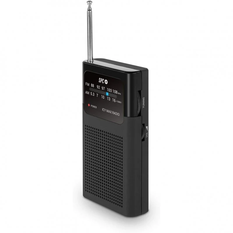 Radio portable analogique FM/AM SPC Icy Max - Entrée jack 3,5 mm - Antenne télescopique - Alimenté par batterie - Couleur noire