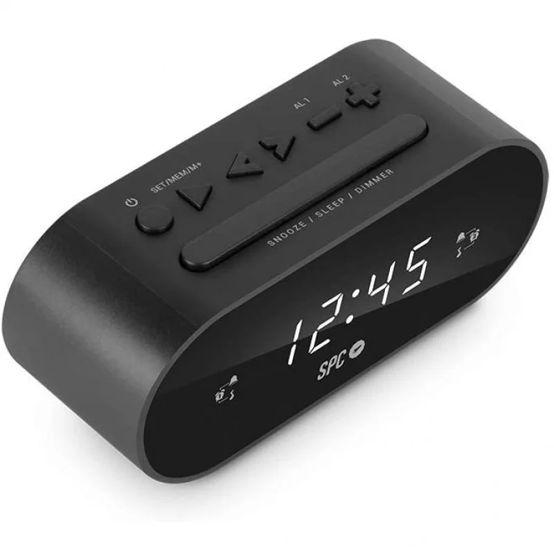 Radio-réveil SPC Frodi - Écran LED avec luminosité réglable - Bouton Snooze - Stocke 10 stations - Couleur noire