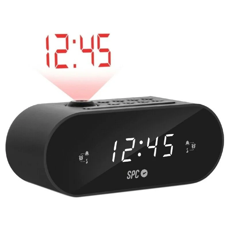 Radio-réveil SPC Frodi Max avec projection - Écran LED à luminosité réglable - Bouton Snooze - Mémorise les stations de radio - Couleur noire
