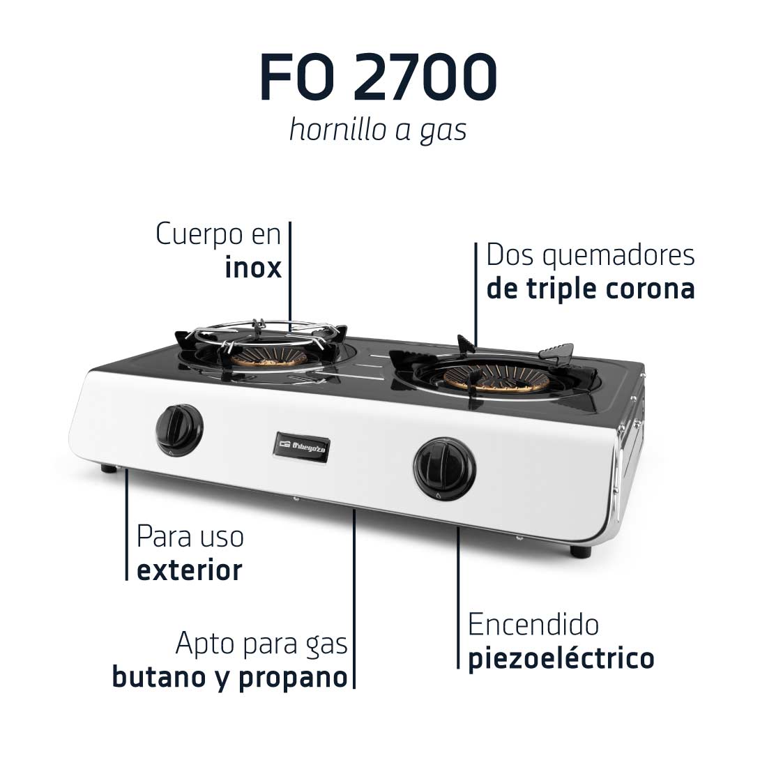 Réchaud à Gaz Orbegozo FO 2700 en Inox - Compact et Polyvalent - 2 Brûleurs Triple Couronne - Allumage Piézoélectrique - pour Gaz Butane ou Propane