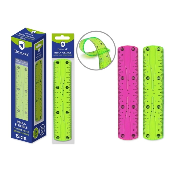Règle flexible Bismark 15 cm - En PVC - Idéale pour l'école - Couleurs aléatoires rose et vert
