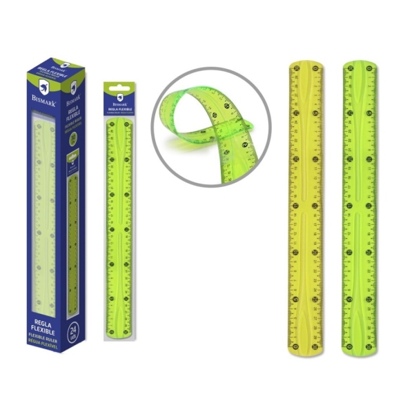 Règle flexible Bismark 30 cm - En PVC - Idéale pour l'école - Couleurs aléatoires jaune et vert