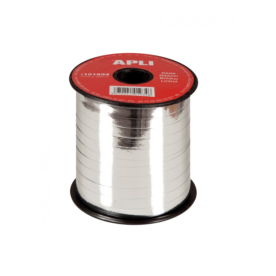 Rouleau de ruban d'emballage cadeau Apli 7 mm x 250 m - Finition brillante - Couleur argent