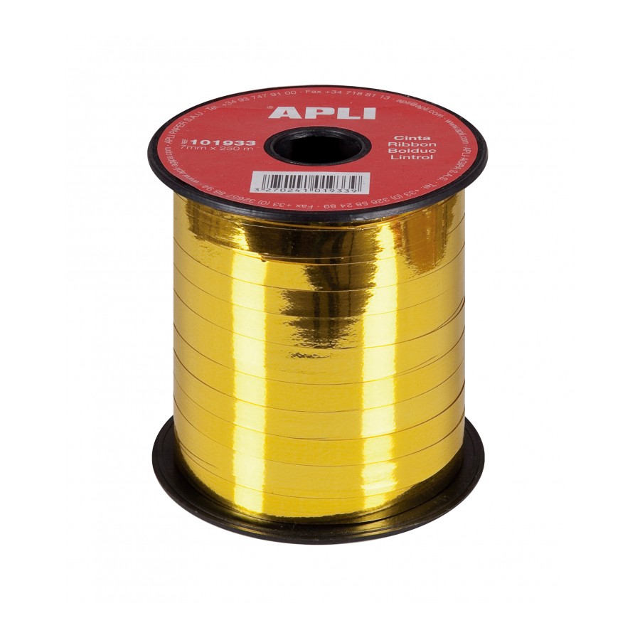 Rouleau de ruban d'emballage cadeau Apli 7 mm x 250 m - Finition brillante - Couleur or