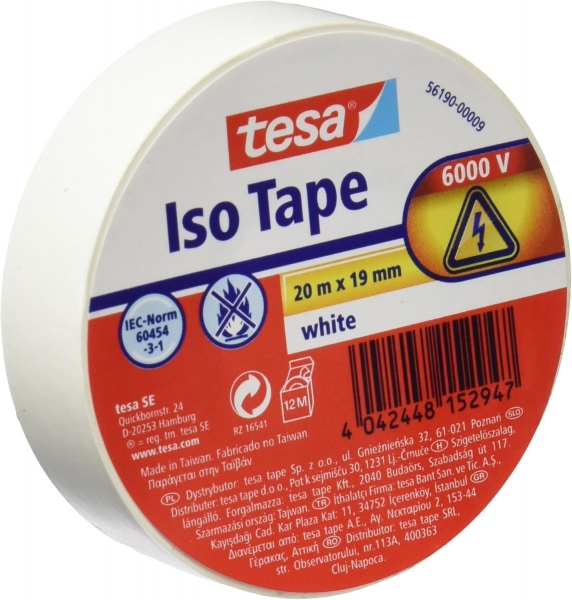 Ruban Isolant Tesa 19 mm x 20 m - En PVC - Pour réparer, isoler et regrouper tous types de câbles électriques - Couleur Blanc