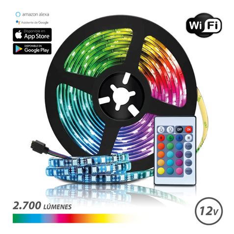 Ruban LED Elbat WiFi RGB 12V 2700lm - 30 Leds par Mètre - Télécommande - Longueur 5m