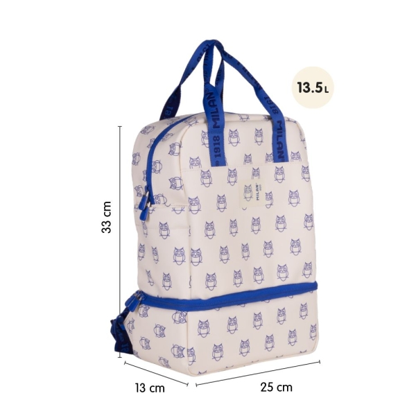 Sac à dos enfant Milan Collection 460 avec compartiment isotherme - Grand compartiment intérieur - 2 poches latérales - Capacité totale 9,5 L - Beige/Bleu