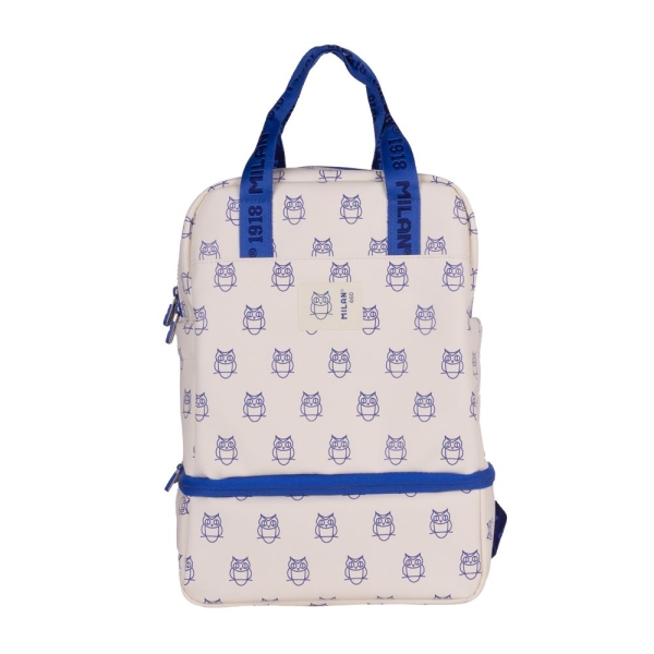 Sac à dos enfant Milan Collection 460 avec compartiment isotherme - Grand compartiment intérieur - 2 poches latérales - Capacité totale 9,5 L - Beige/Bleu