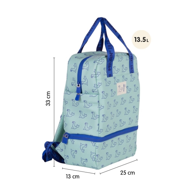 Sac à dos enfant Milan Collection 460 avec compartiment isotherme - Grand compartiment intérieur - 2 poches latérales - Capacité totale 9,5 L - Vert/Bleu