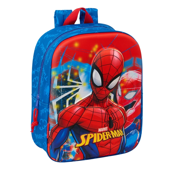 Sac à dos maternelle Safta Spider-Man 3D - Dragonne - Compartiment principal zippé - 22 x 27 x 10 cm - Bleu