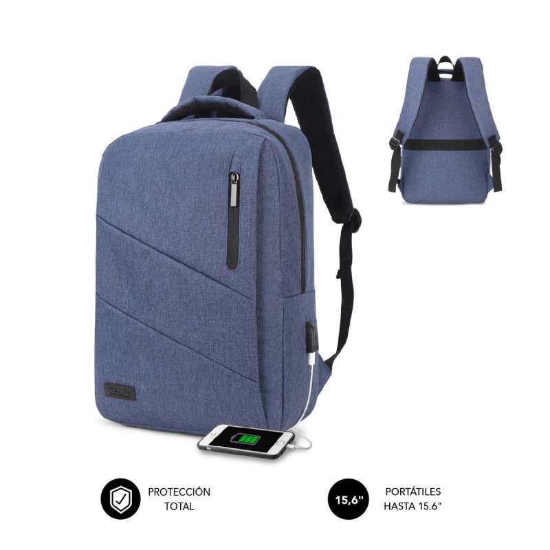 Sac à dos pour ordinateur portable Subblim City Backpack - 15,6" - Compartiment rembourré - Résistant à l'eau - Port USB - Couleur Bleu