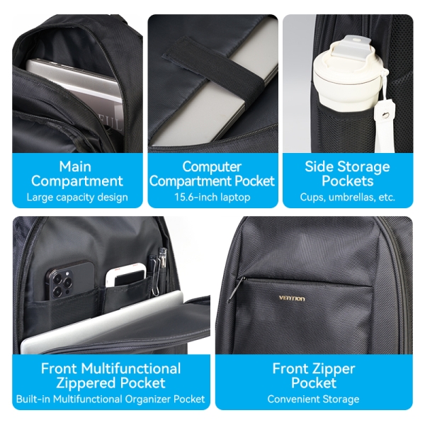Sac à dos pour ordinateur portable Vention - Capacité 20 L - pour ordinateurs portables 15,6" - Matériau résistant à l'eau et aux rayures - Couleur noire