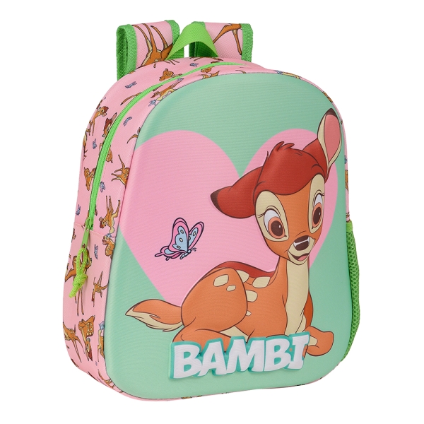 Sac à dos Safta Bambi 3D - Poignée - Porte-bouteille latéral - 27 x 33 x 10 cm - Vert pastel