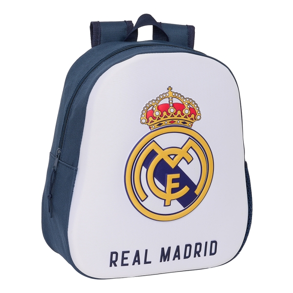 Sac à dos Safta Real Madrid 3D - Dragonne - Porte-bouteille latéral - 27 x 33 x 10 cm - Blanc/Noir