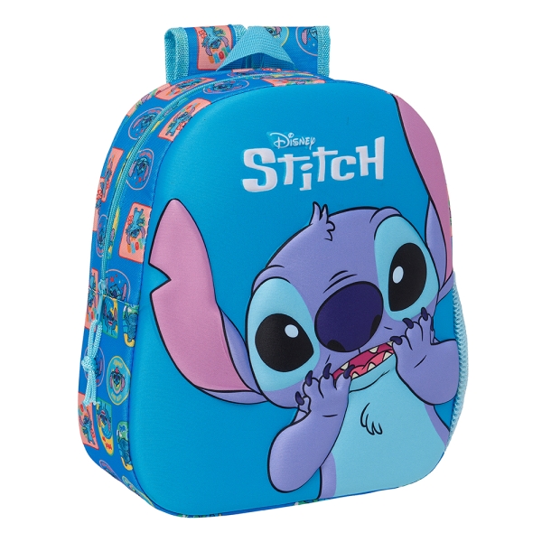 Sac à dos Safta Stitch 3D - Dragonne - Porte-bouteille latéral - 27 x 33 x 10 cm - Bleu