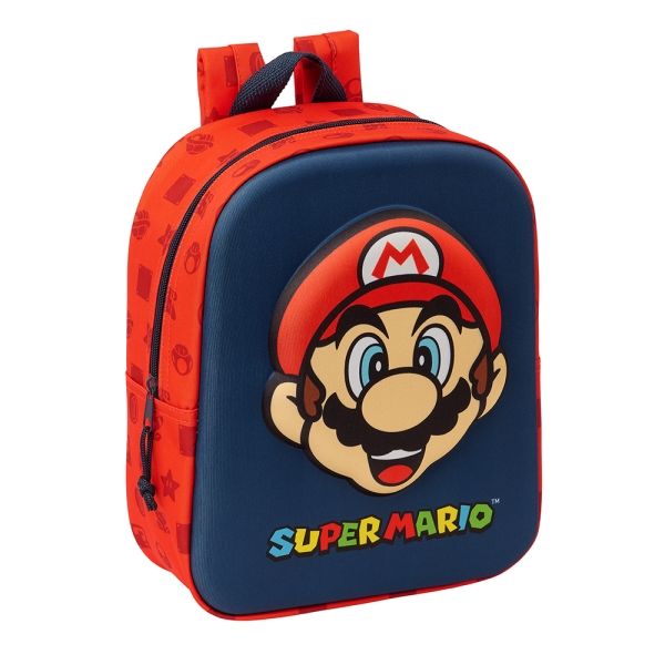 Sac à dos Safta Super Mario 3D pour maternelle - Poignée - Compartiment principal avec fermeture éclair - 22 x 27 x 10 cm - Couleur rouge et bleu