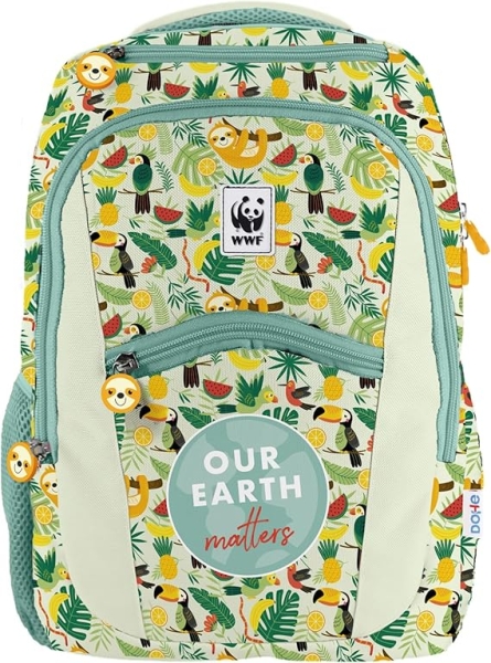 Sac à dos scolaire Dohe WWF Tropic - Compartiment principal avec poche rembourrée - Poches latérales pour boissons - Dos rembourré - Double poignée supérieure - Fabriqué en polyester - Dimensions 31,5 x 40 x 11 cm
