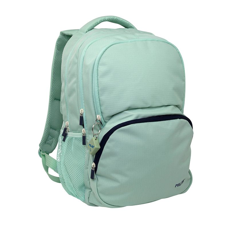 Sac à dos scolaire Milan Serie 1918 25L - 3 poches avant + 2 poches latérales - Poignées réglables et rembourrées - Taille 46,5x30x17cm - Couleur Vert