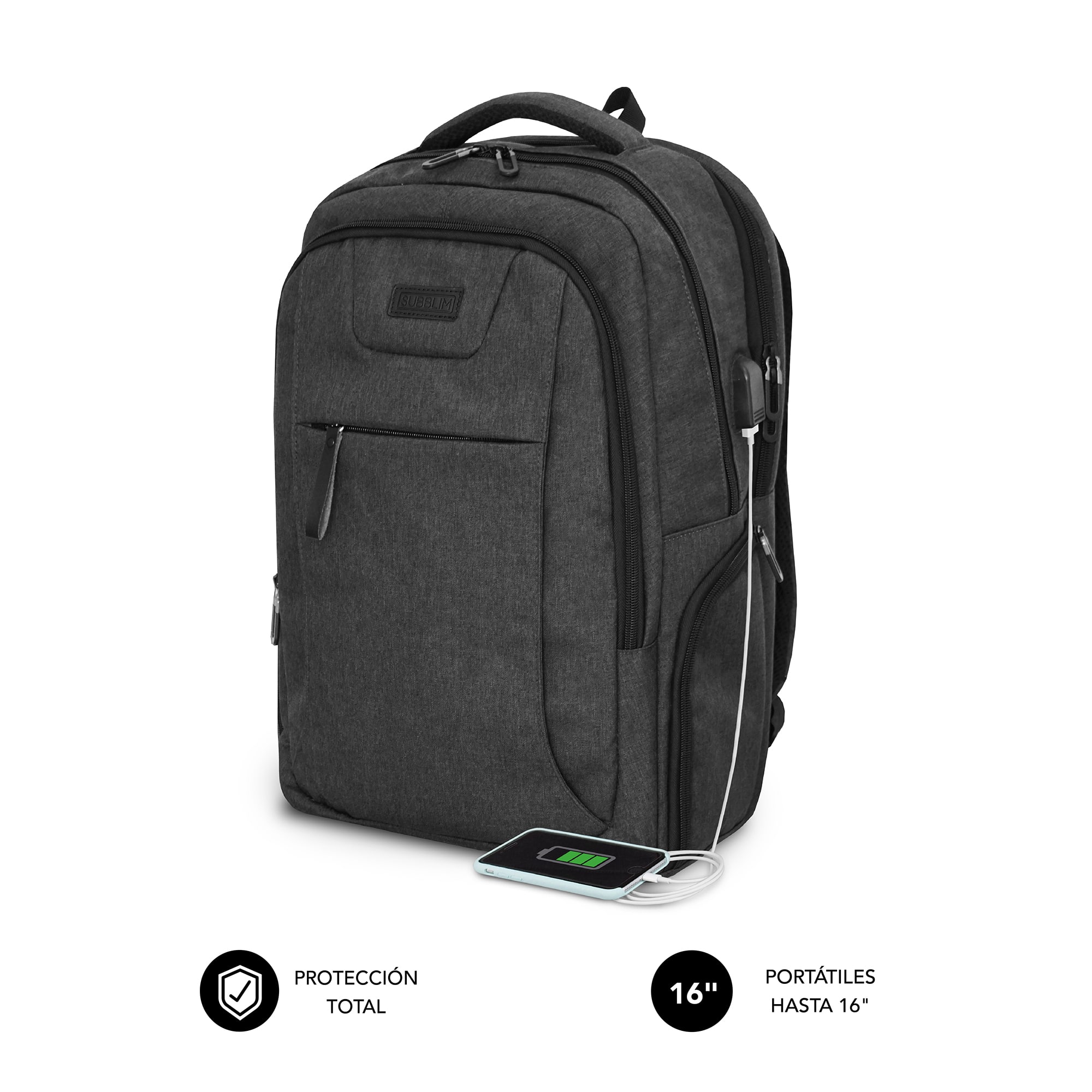 Sac à dos Subblim Air Padding pour ordinateur portable 16" - Départements et poches de rangement - Résistant à l'eau - Port USB - Couleur noire