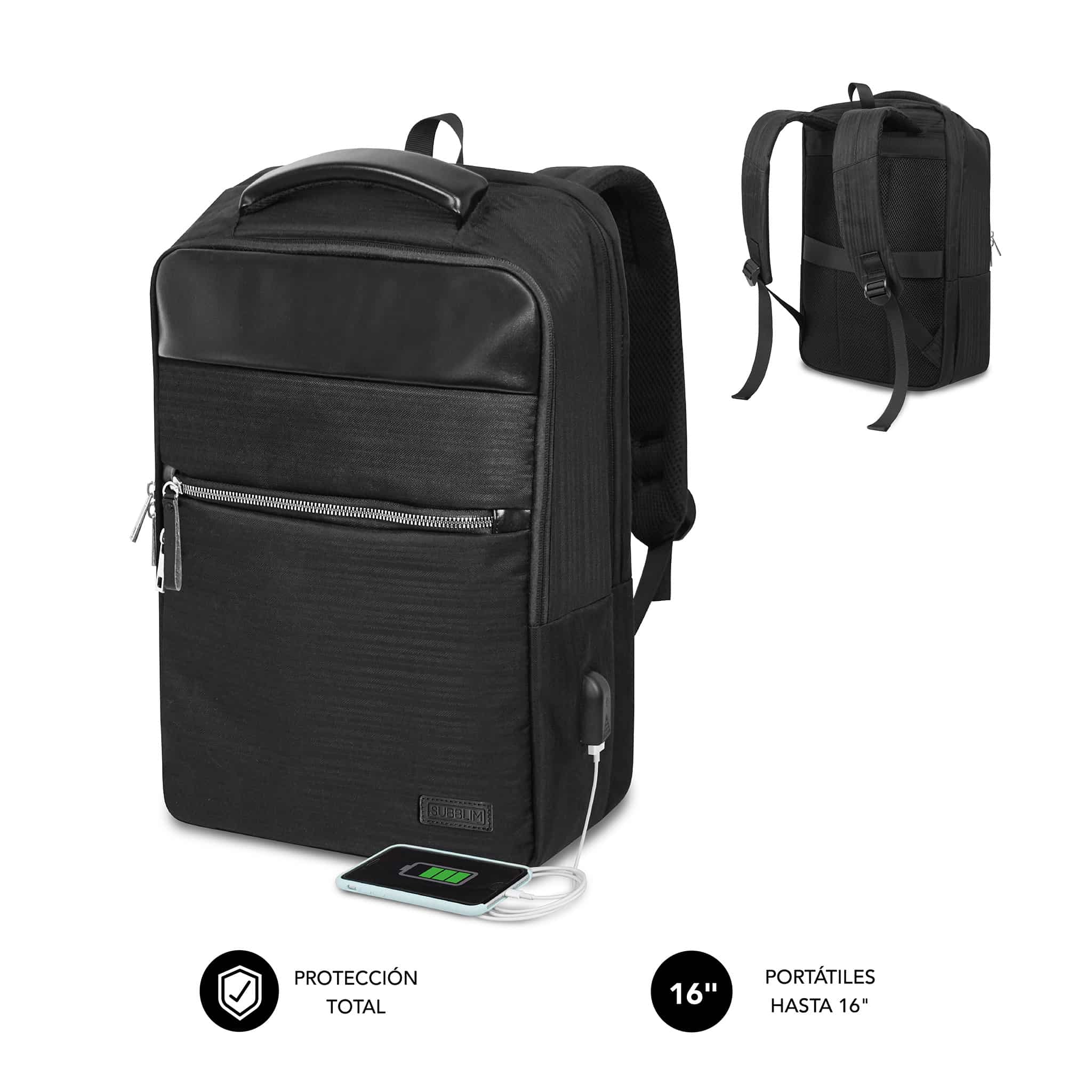 Sac à dos Subblim Air Padding pour ordinateurs 15,6" - Haute protection avec système de rembourrage d'air - Résistant à l'eau - Port USB - Couleur noire