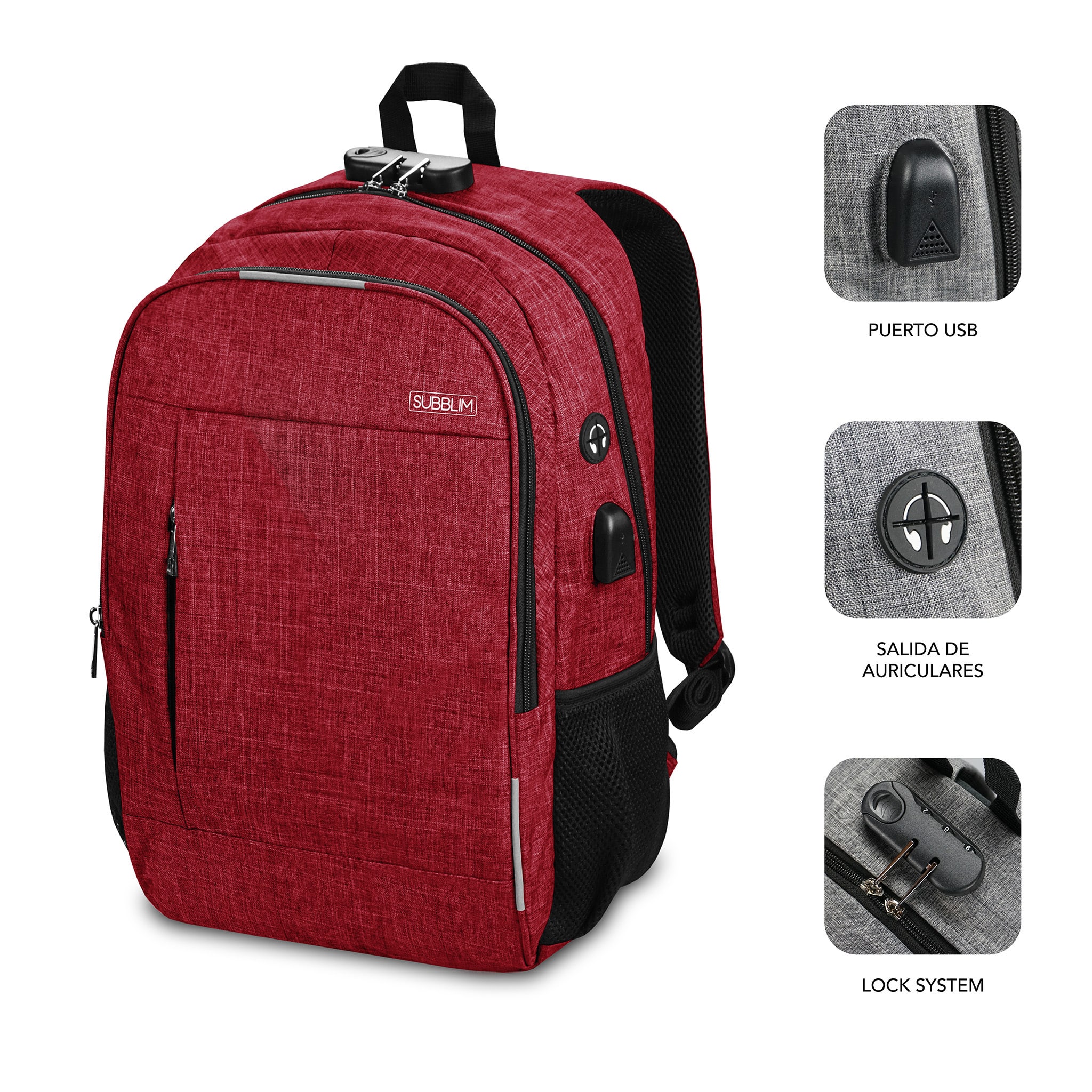 Sac à dos Subblim Urban Lock System - pour ordinateurs portables jusqu'à 16" - Verrouillage antivol - Sangles ergonomiques - Dos avec système de circulation d'air - Double fermeture éclair - Poches latérales en filet - Port USB - Sortie casque - Coule