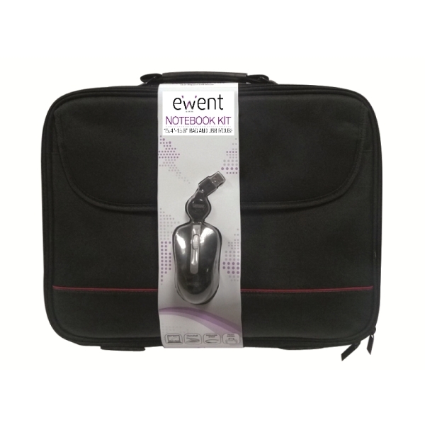Sacoche Ewent pour ordinateur portable 15,6" - Souris optique USB incluse - Poignée - Sangle réglable - Polyester - Noir/Rouge