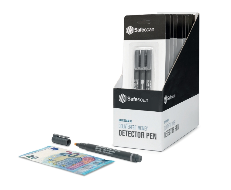 Safescan 30 Présentoir de 10 Blisters avec 3 Stylos Détecteur de Faux Billets - Vérification en 2 Secondes - Encre à Base d'Iode