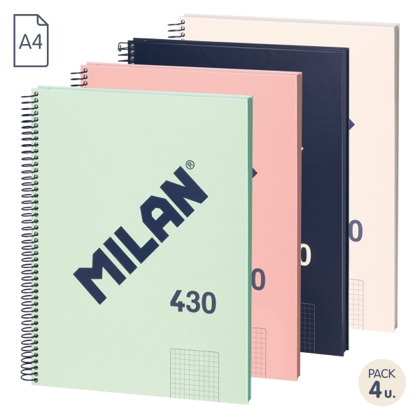 Série Milan 1918 Pack de 4 Cahiers à Spirale Format A4 Grille 5x5mm - 80 Feuilles de 95 gr/m2 - Micro-perforés, 4 Trous - Couleurs Assorties