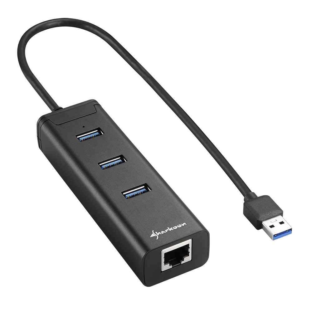 Sharkoon Hub USB-A 3.0 avec 3x USB-A 3.0 + Ethernet RJ45 - Boîtier Aluminium - Câble 0.30m