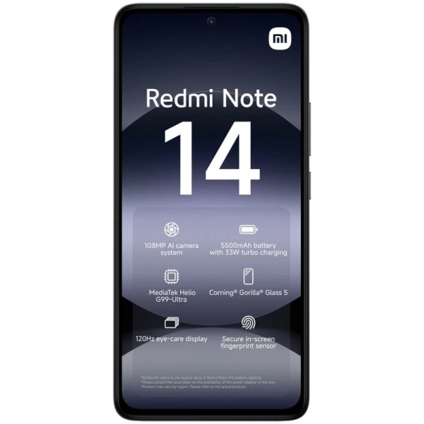 Smartphone Xiaomi Redmi Note 14, écran AMOLED 6,67 pouces, 6 Go, 128 Go, appareil photo principal 108 MP, batterie 5 500 mAh, HyperCharge 33 W, noir