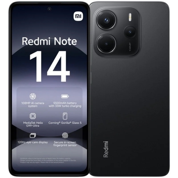Smartphone Xiaomi Redmi Note 14, écran AMOLED 6,67 pouces, 6 Go, 128 Go, appareil photo principal 108 MP, batterie 5 500 mAh, HyperCharge 33 W, noir