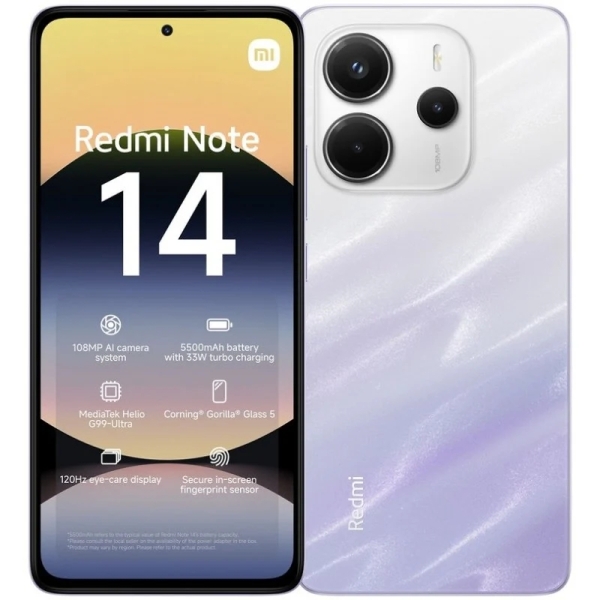 Smartphone Xiaomi Redmi Note 14 : écran AMOLED 6,67 pouces, 6 Go, 128 Go, appareil photo principal 108 MP, batterie 5 500 mAh, HyperCharge 33 W, violet clair
